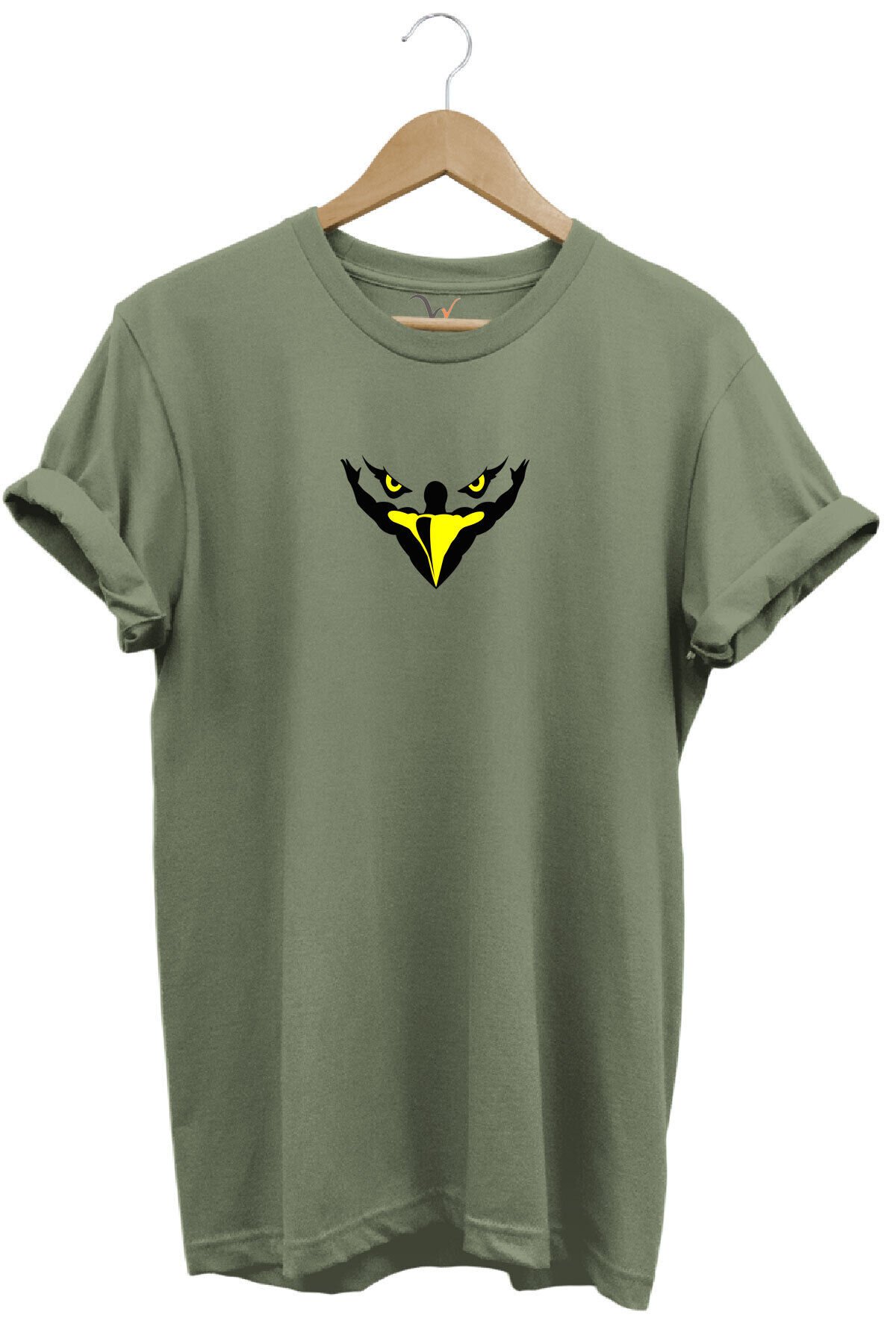 Kartal Kafa Göz Baskılı %100 Pamuk Regular Fit Bisiklet Yaka Mavi T-shirt Haki - M