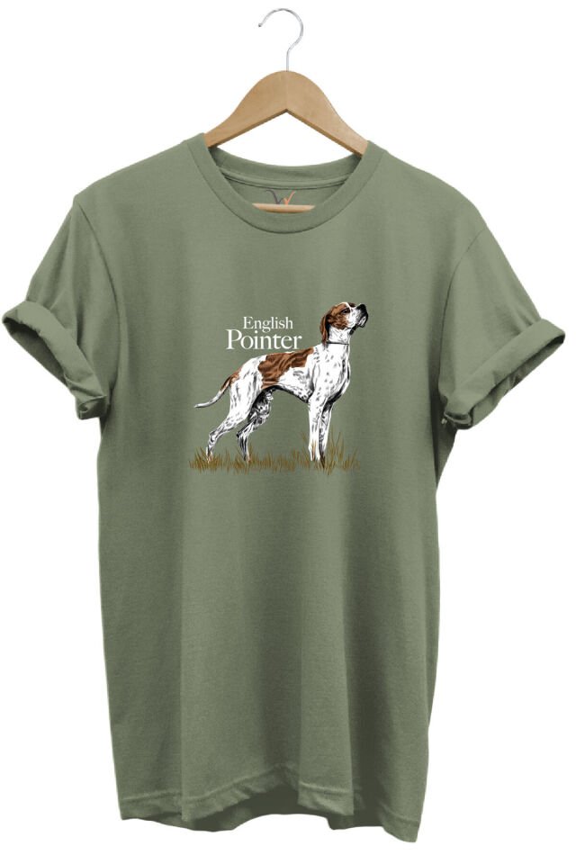 Hunting Avcılık English Pointer Av Köpeği Baskılı %100 Pamuk Regular Fit Unisex T-Shirt Haki - L