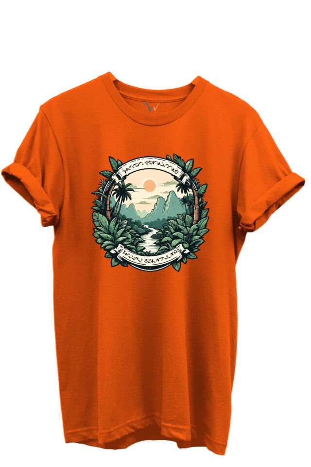 Tropikal Orman ve Dağ Manzaralı Hunting Doğa Temalı %100 Pamuk Regular Fit Unisex T-Shirt Turuncu - M