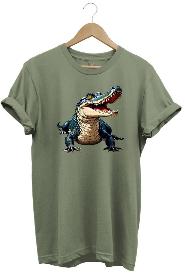 Timsah Baskılı %100 Pamuk Regular Fit T-shirt Haki - 3XL