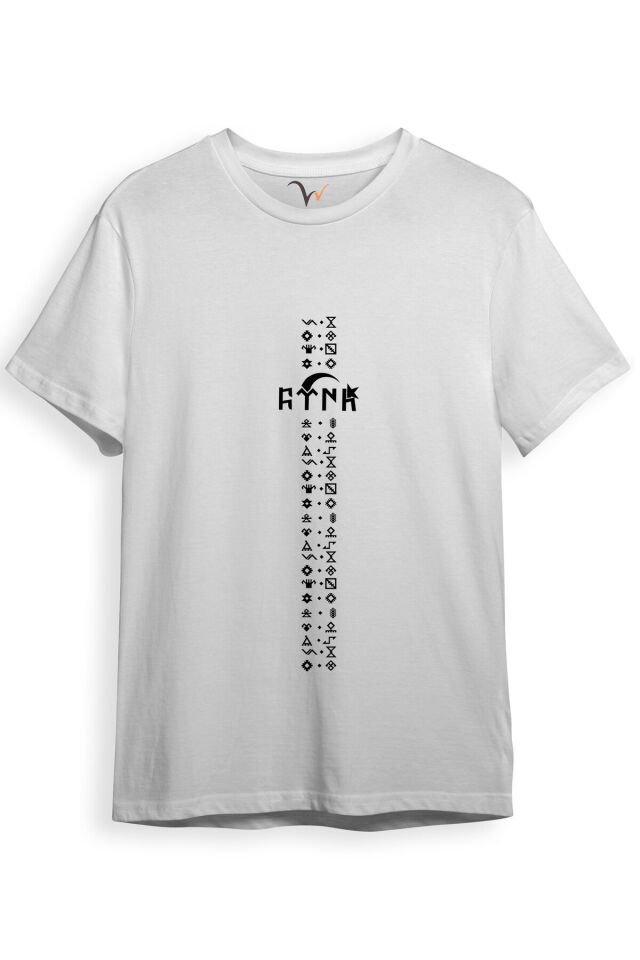 TÜRKİYE TÜRK Yazısı ve Göktürk Alfabesi Sembolleri Ay Yıldız ve Hilal Baskılı Regular Fit T-Shirt Beyaz - 3XL