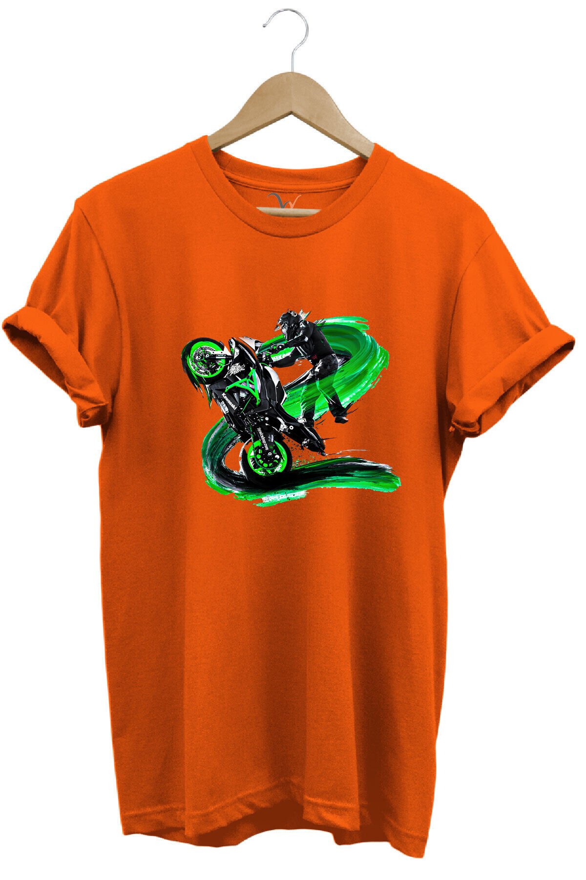 Racing Motosiklet Baskılı Ön Kaldıran Motorcu %100 Pamuk Regular Fit Bisiklet Yaka Turuncu T-shirt