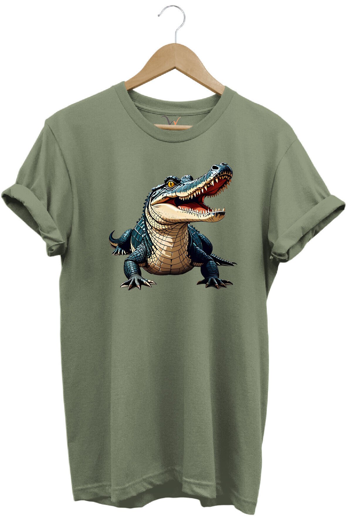 Timsah Baskılı %100 Pamuk Regular Fit T-shirt Haki - S