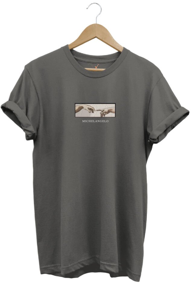 Michelangelo David Baskılı Minimal Regular Fit %100 Pamuk Gri T-shirt