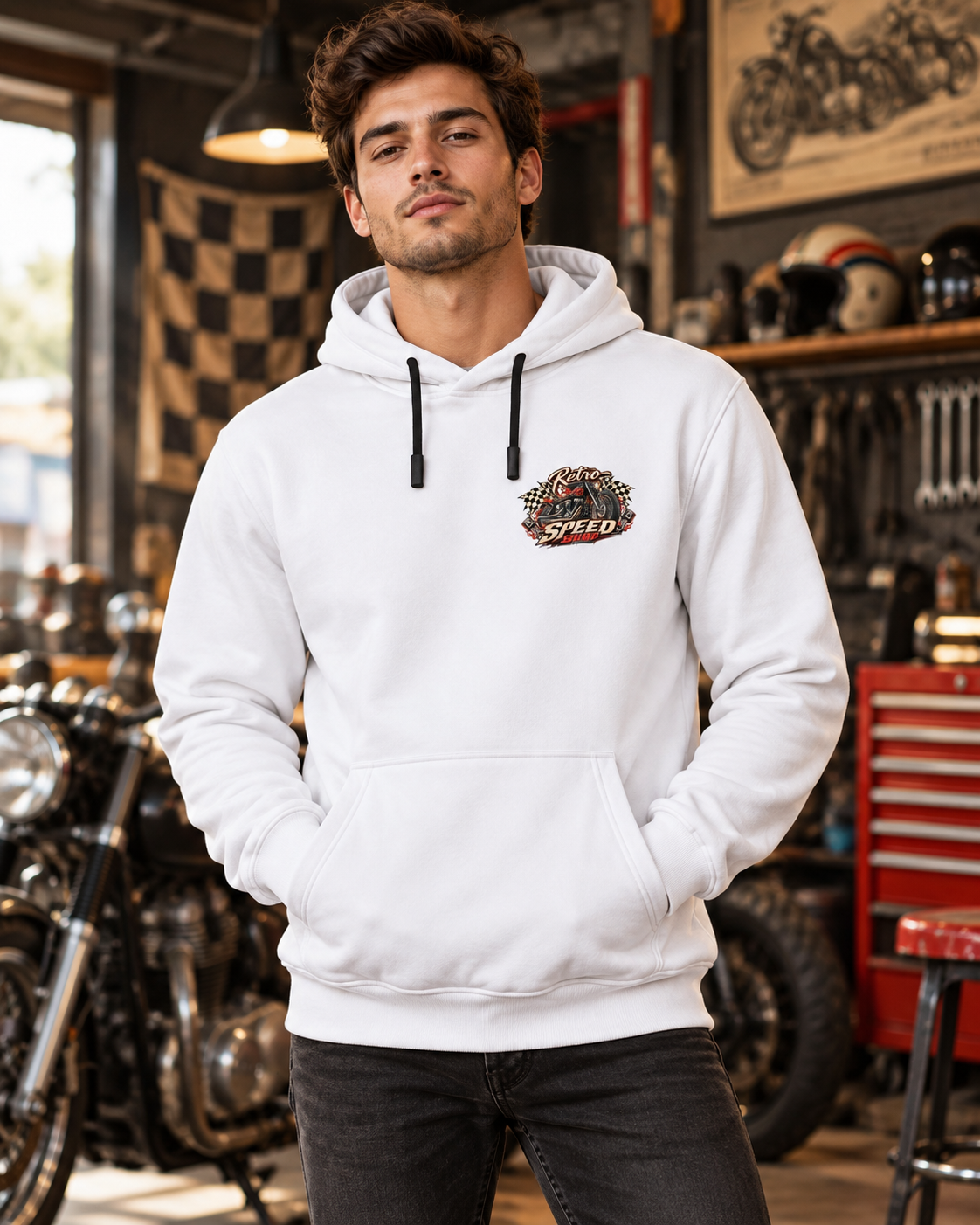 Unisex Retro Speed Shop Baskılı Kapüşonlu Sweatshirt Racing Garage Motor Tasarım
