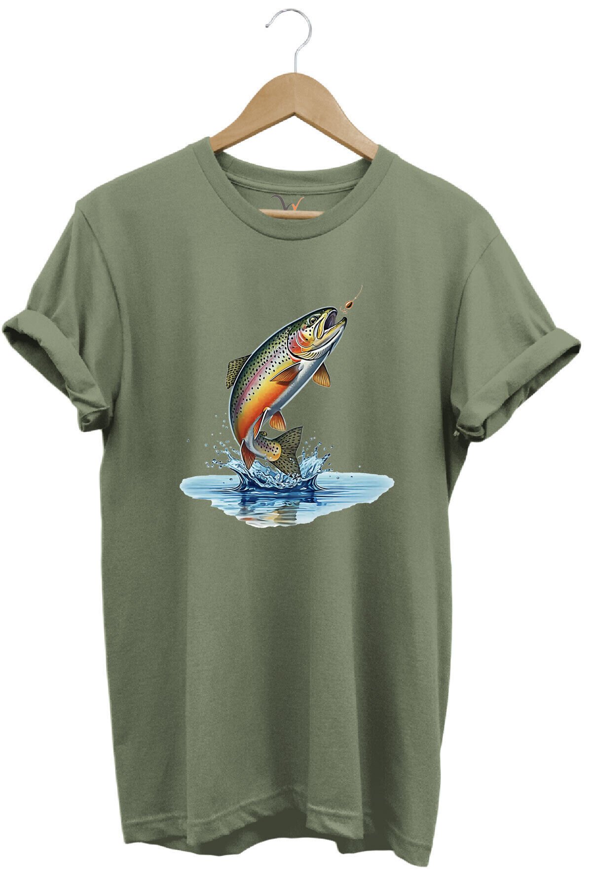 Zıpkınlanan Alabalık Tasarımlı Balıkçılık Temalı %100 Pamuk Unisex Regular Fit T-Shirt Haki - XL