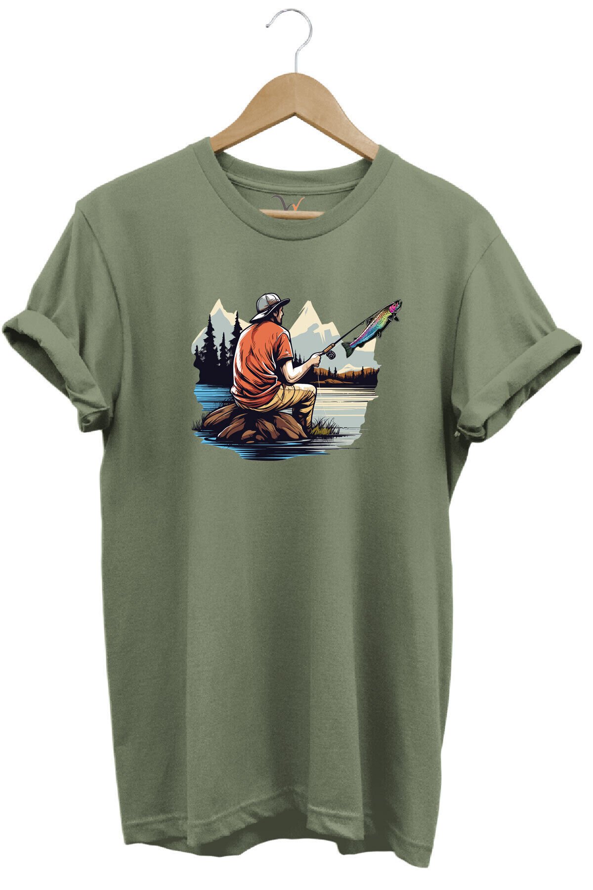 Fishing Balıkçılık Baskılı Olta Ile Alabalık Avı %100 Pamuk Regular Fit Kırmızı T-shirt Haki - 3XL