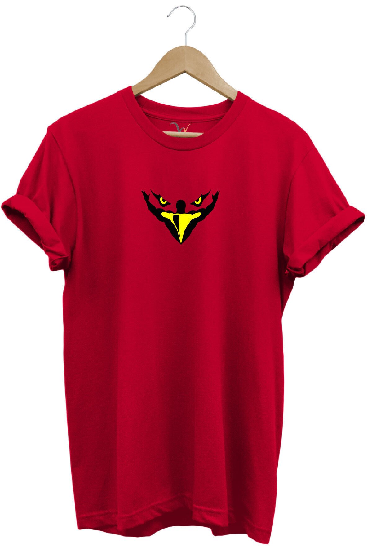 Kartal Kafa Göz Baskılı %100 Pamuk Regular Fit Bisiklet Yaka Mavi T-shirt Kırmızı - XL
