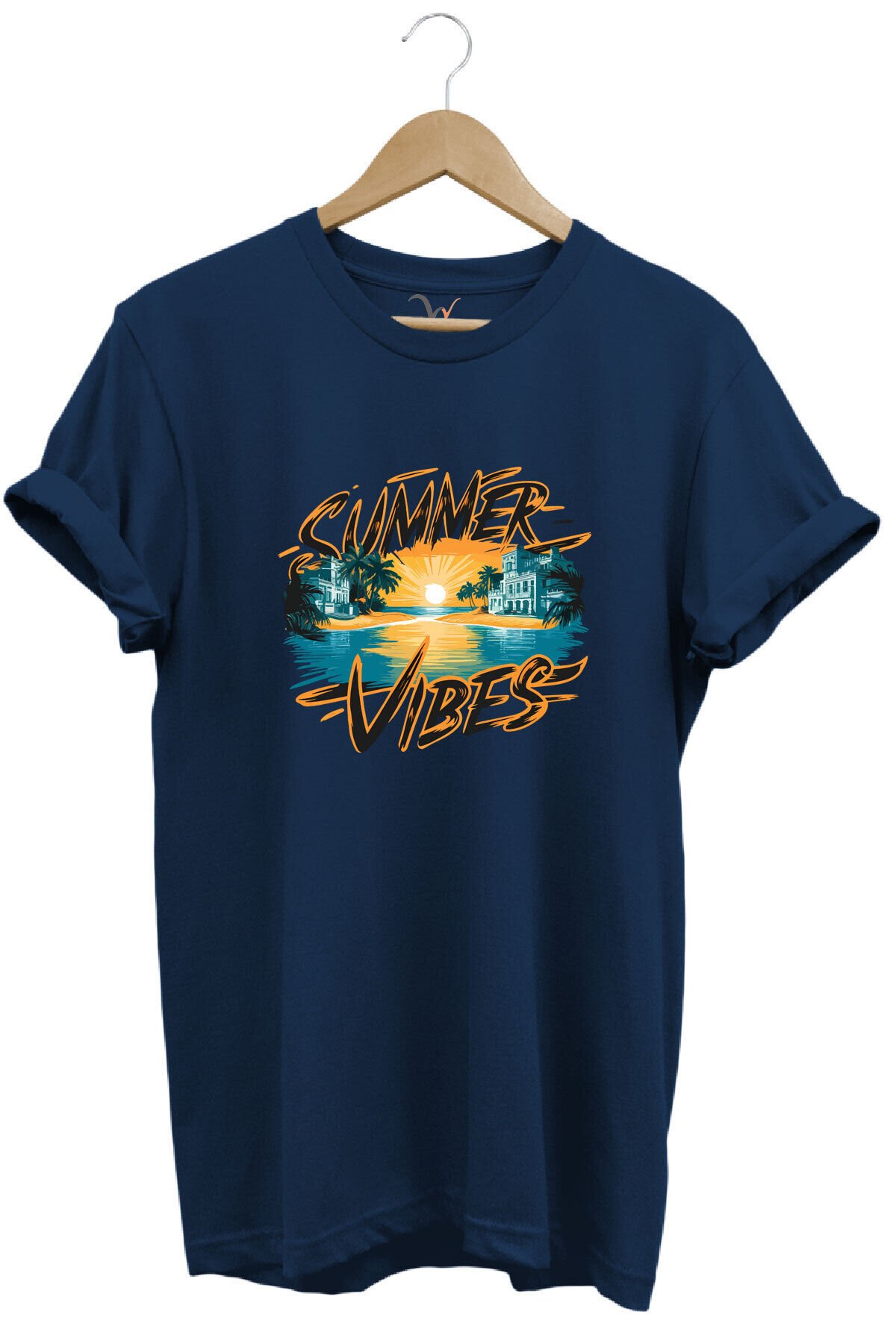 Summer Vibes Baskılı Yazlık Tatil Deniz %100 Pamuk Regular Fit Bisiklet Yaka Gri T-shirt Lacivert - M