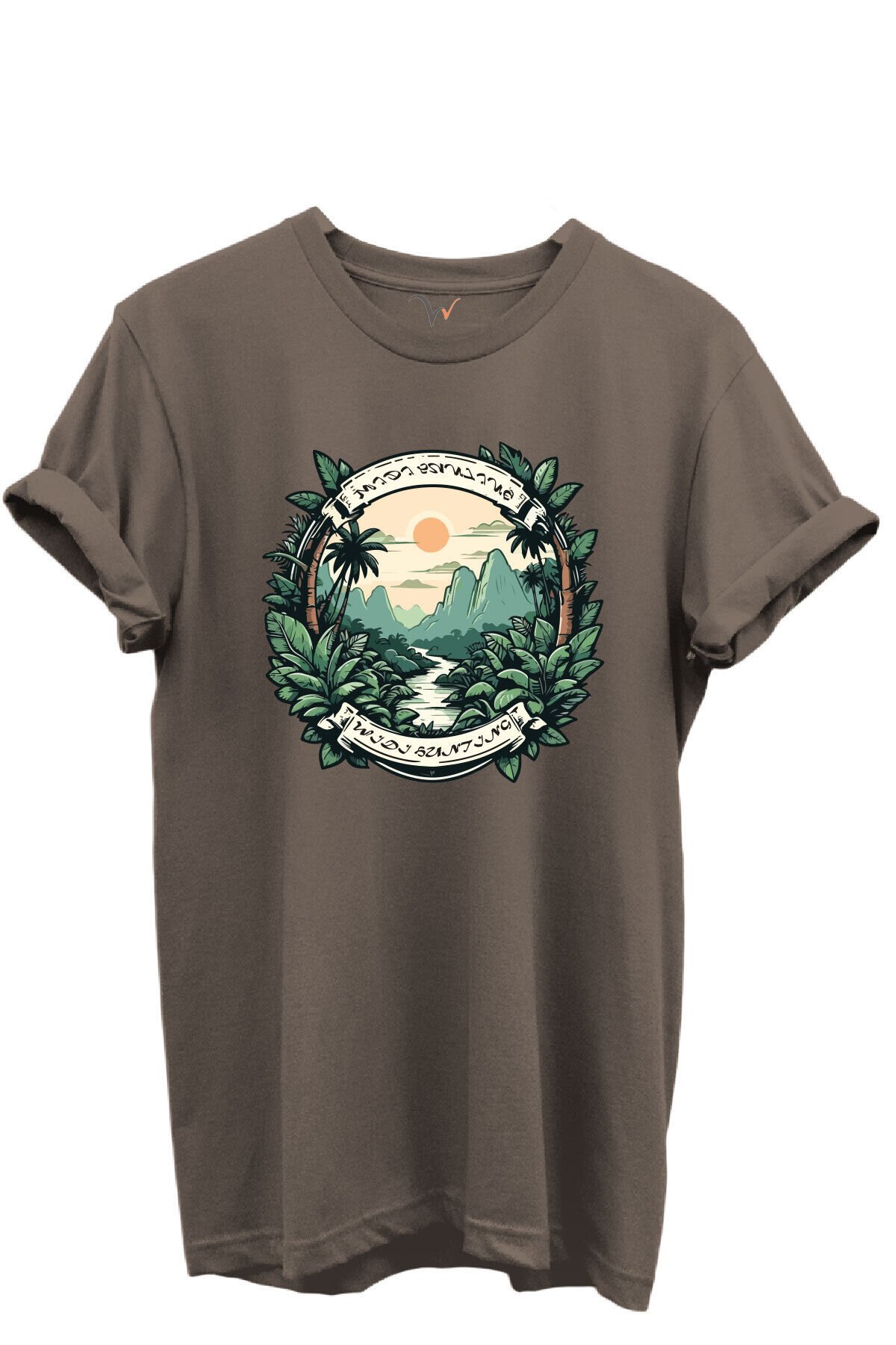 Tropikal Orman ve Dağ Manzaralı Hunting Doğa Temalı %100 Pamuk Regular Fit Unisex T-Shirt Kahverengi - 2XL