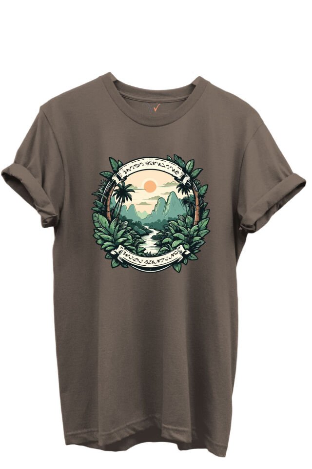 Tropikal Orman ve Dağ Manzaralı Hunting Doğa Temalı %100 Pamuk Regular Fit Unisex T-Shirt Kahverengi - 2XL