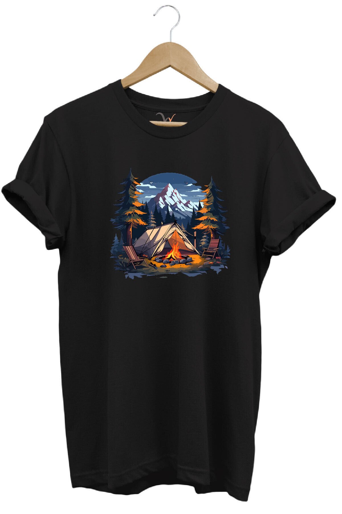 Yazlık Kamp Doğa Çadır ve Dağ Baskılı %100 Pamuk Regular Fit Bisiklet Yaka T-shirt Siyah - 4XL