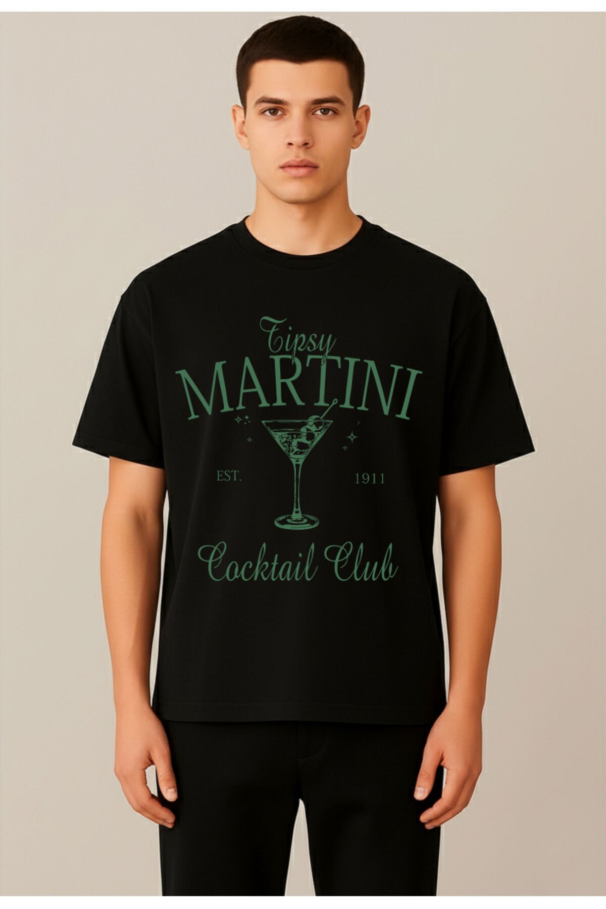 Tipsy Martini Cocktail Club Tasarım Baskılı Old Money Y2k %100 Pamuk Oversize Unisex T-Shirt Siyah - 3XL