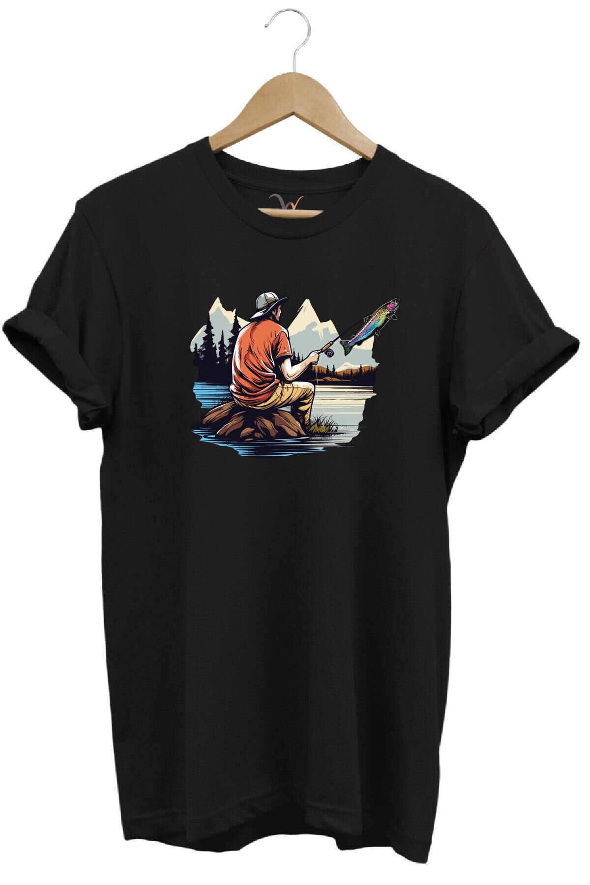 Fishing Balıkçılık Baskılı Olta Ile Alabalık Avı %100 Pamuk Regular Fit Kırmızı T-shirt Siyah - L