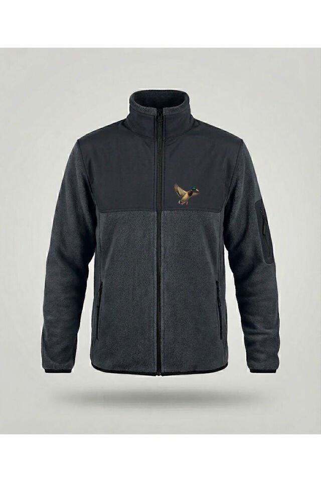 Avcılık Yeşilbaş Ördek Baskılı Dik Yaka Garnili Gri Softshell Polar Ceket Gri - XL