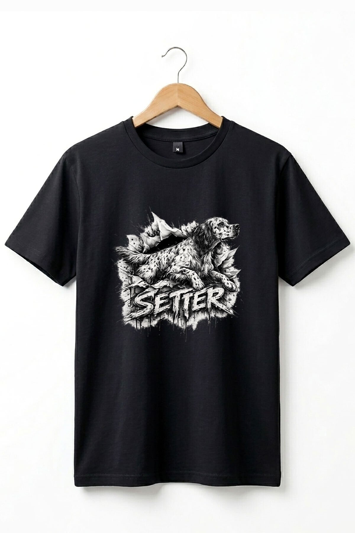 Unisex English Setter Köpek Baskılı Hunting Doğa %100 Pamuk Basic T-Shirt Siyah - 2XL