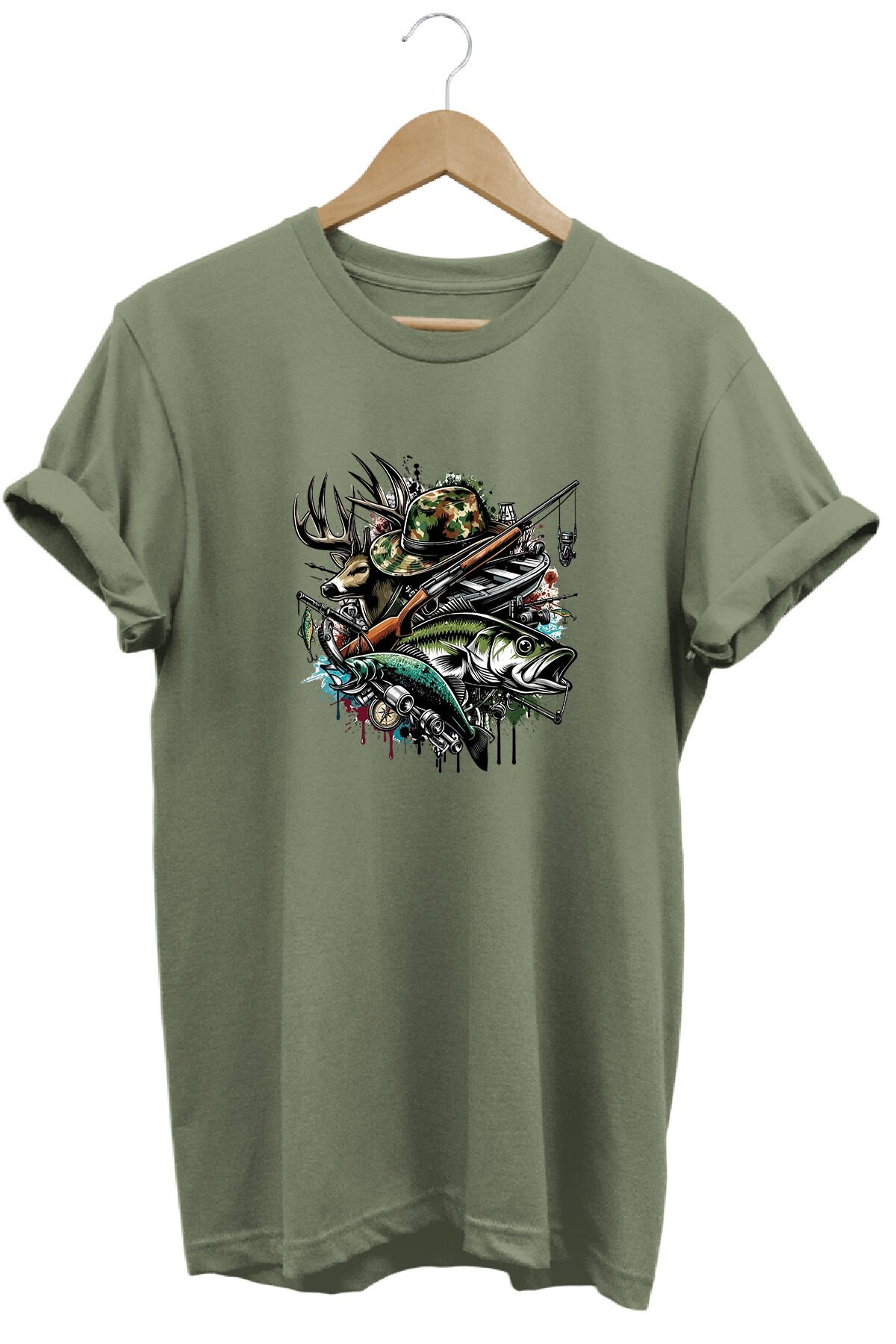 Unisex Geyik ve Balık Baskılı Arazi ve Doğa Tişörtü Outdoor Kamp Giyimi Haki - S