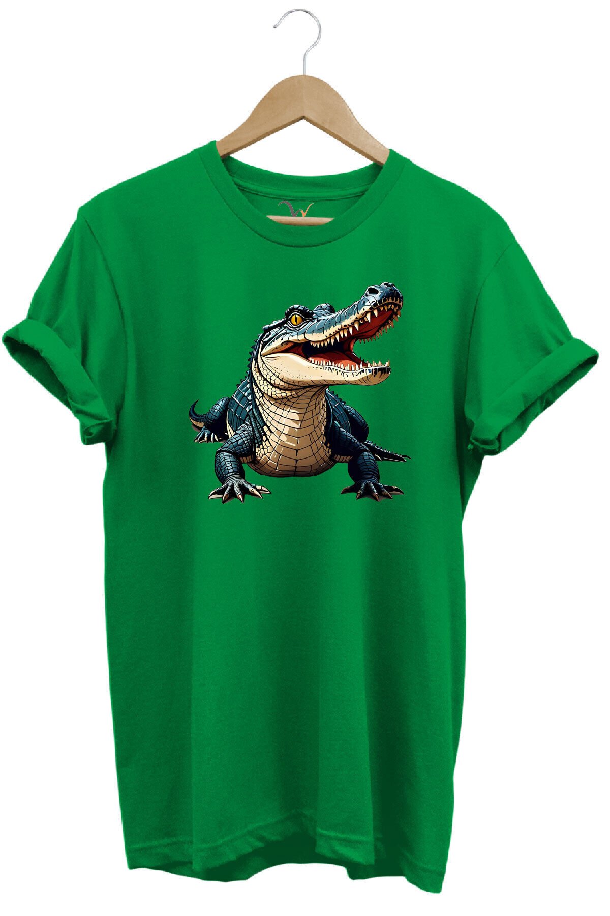 Timsah Baskılı %100 Pamuk Regular Fit T-shirt Yeşil - M