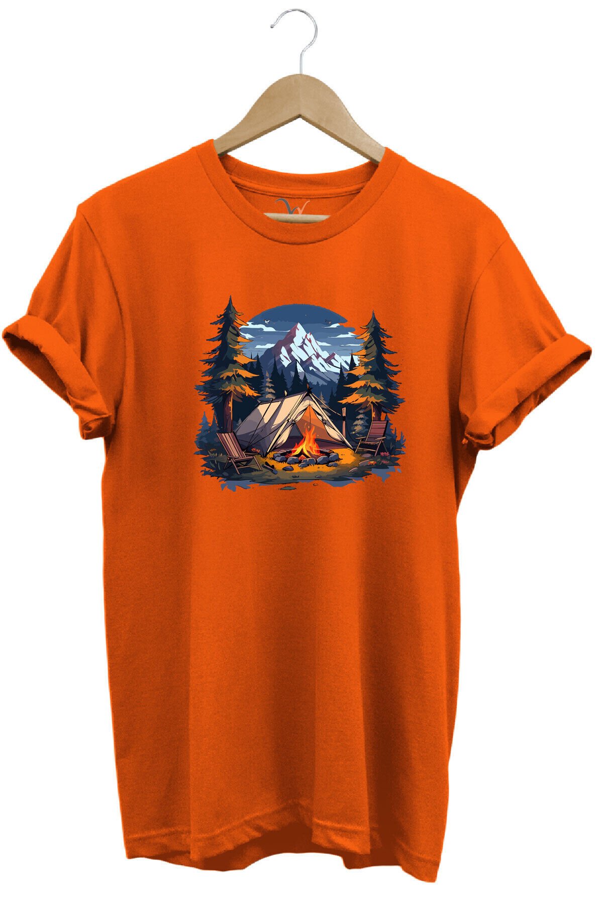 Yazlık Kamp Doğa Çadır ve Dağ Baskılı %100 Pamuk Regular Fit Bisiklet Yaka T-shirt Turuncu - 3XL