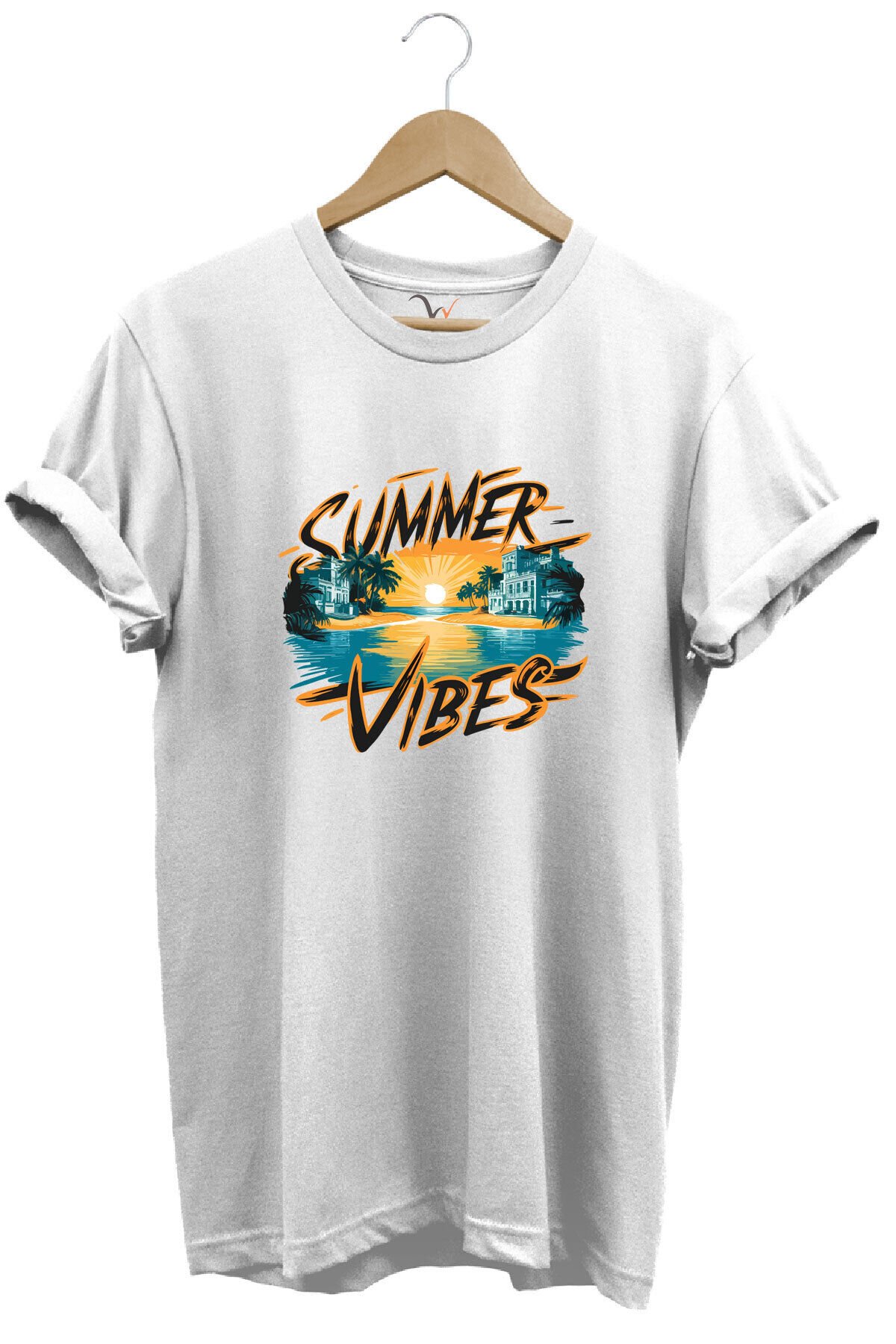 Summer Vibes Baskılı Yazlık Tatil Deniz %100 Pamuk Regular Fit Bisiklet Yaka Gri T-shirt Beyaz - 2XL