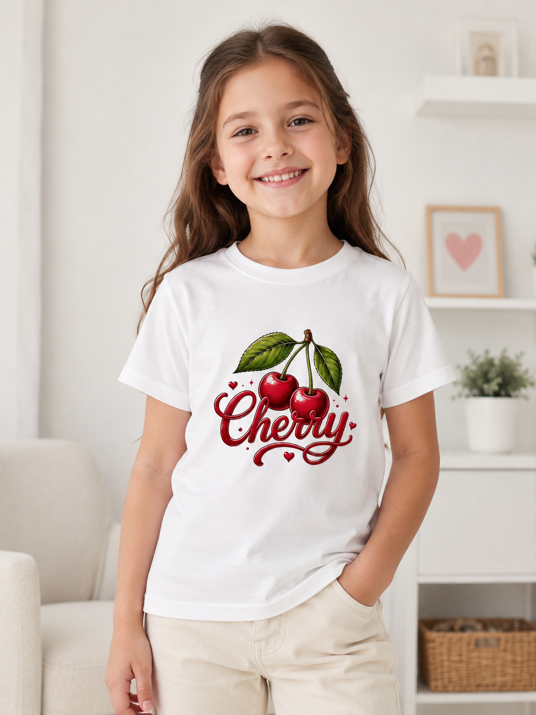 Kız Çocuk Cherry Yazılı Kiraz Baskılı Bisiklet Yaka Kısa Kollu Tişört