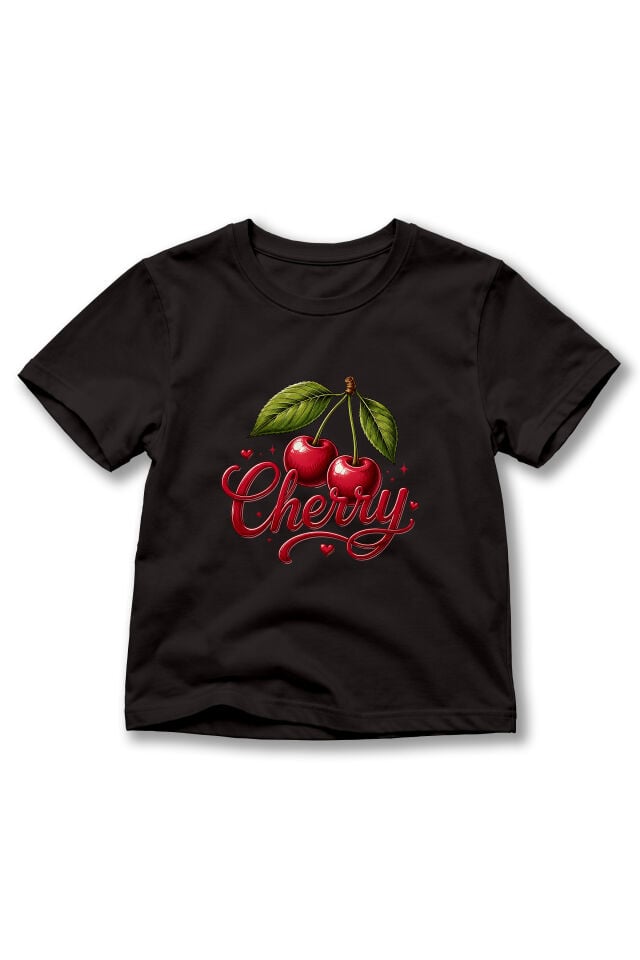Kız Çocuk Cherry Yazılı Kiraz Baskılı Bisiklet Yaka Kısa Kollu Tişört