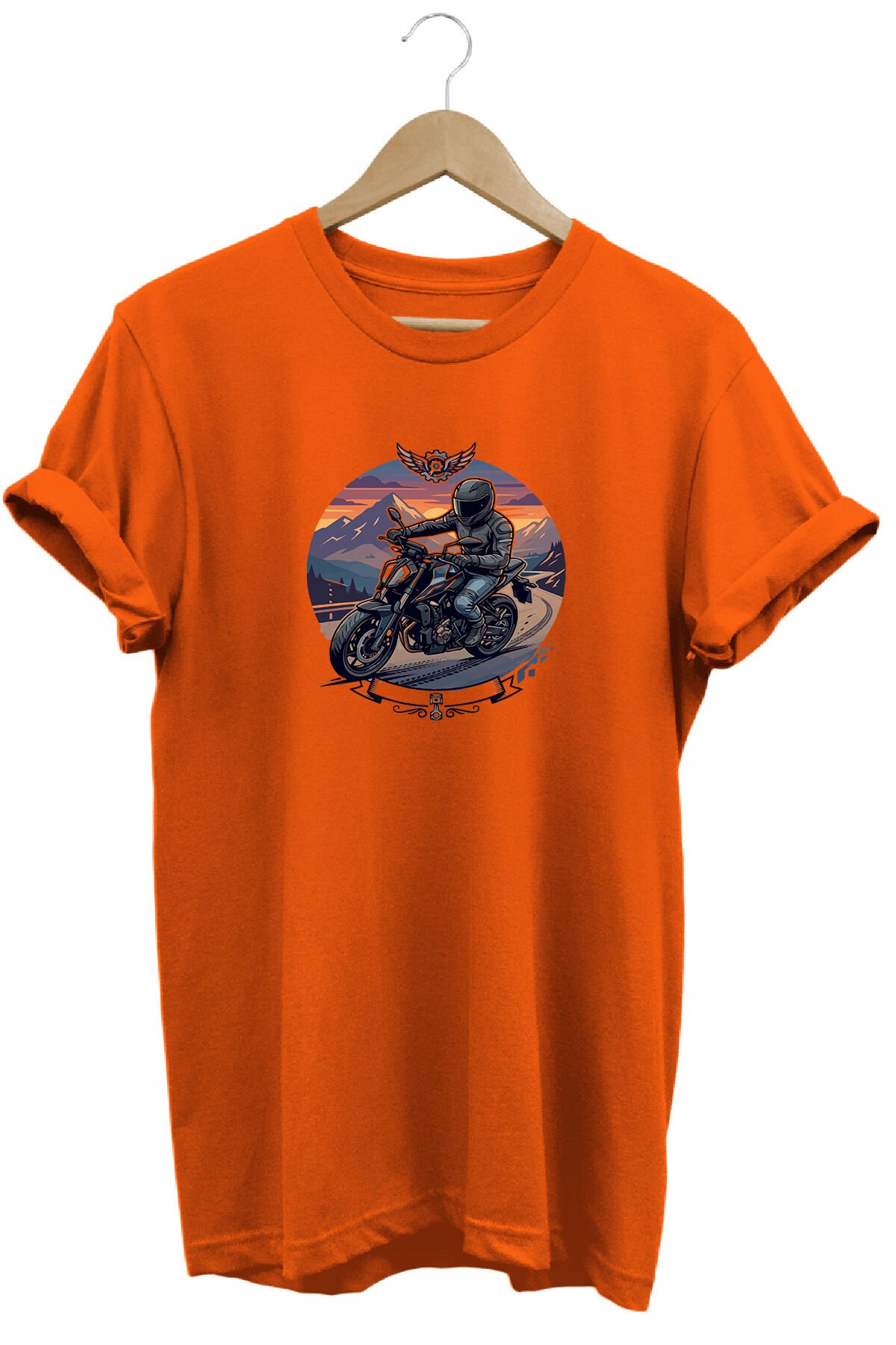 Motorsiklet Baskılı Erkek Tişört Vintage Retro Tasarım Grafik Baskı Bisiklet Yaka Turuncu - S