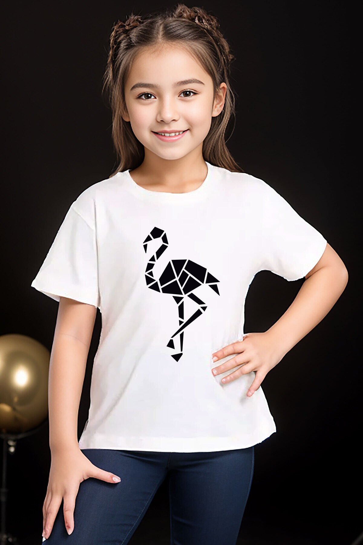 Origami Flamingo Baskılı %100 Pamuk Kız Çocuk Erkek Çocuk Beyaz T-shirt Beyaz - 11-12 Yaş