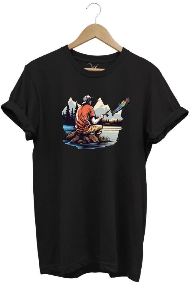 Fishing Balıkçılık Baskılı Olta Ile Alabalık Avı %100 Pamuk Regular Fit Kırmızı T-shirt Siyah - XL