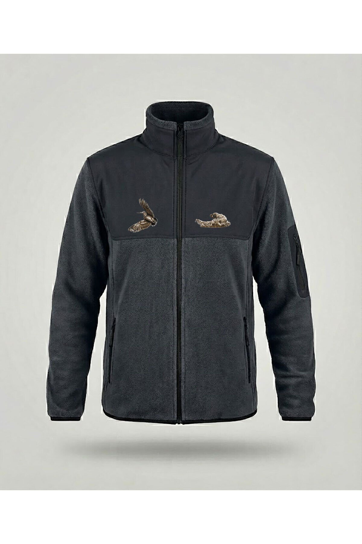 Avcılık Setter Çulluk Baskılı Dik Yaka Garnili Gri Softshell Polar Ceket Gri - 3XL
