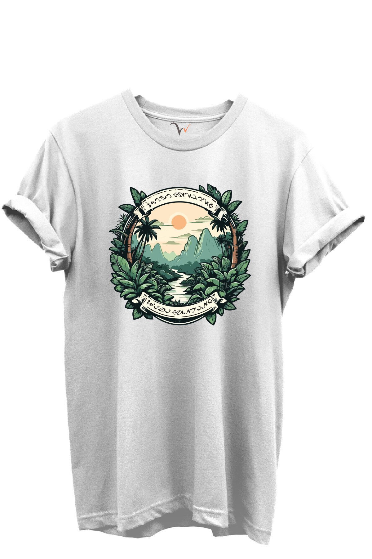 Tropikal Orman ve Dağ Manzaralı Hunting Doğa Temalı %100 Pamuk Regular Fit Unisex T-Shirt Beyaz - 2XL