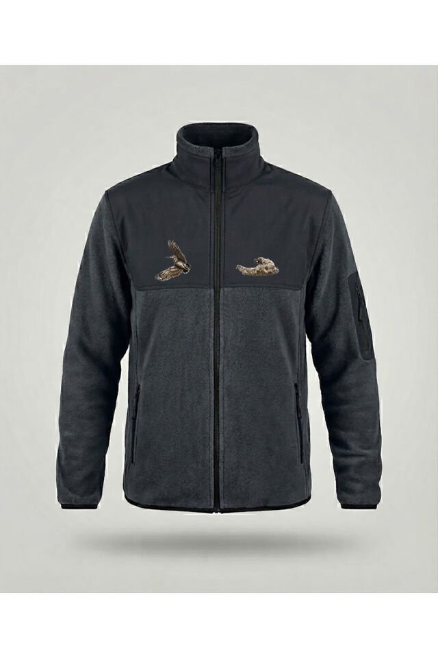 Avcılık Setter Çulluk Baskılı Dik Yaka Garnili Gri Softshell Polar Ceket Gri - L