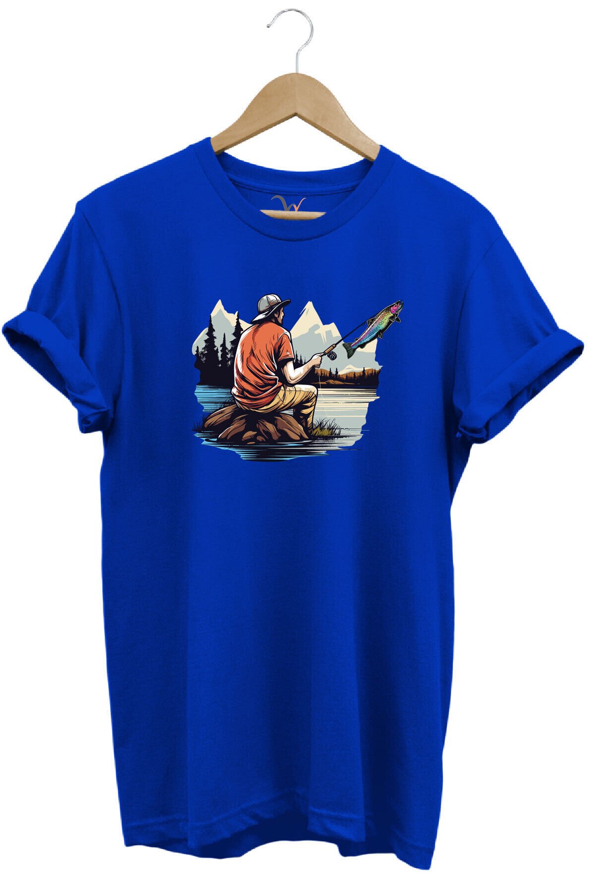 Fishing Balıkçılık Baskılı Olta Ile Alabalık Avı %100 Pamuk Regular Fit Kırmızı T-shirt Mavi - 3XL