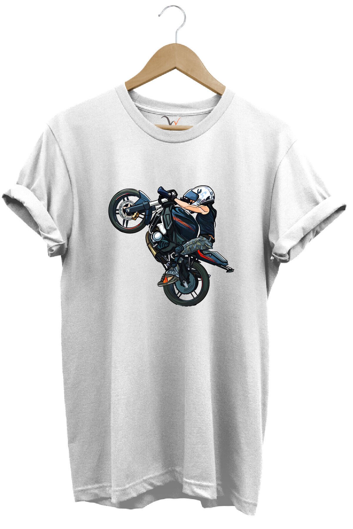 Motosiklet Racing Ön Kaldıran Motorcu Baskılı %100 Pamuk Regular Fit Bisiklet Yaka Beyaz T-shirt