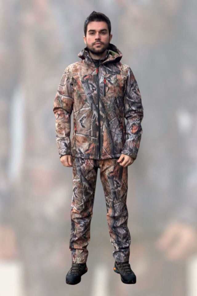 Kışlık UNISEX Outdoor Avcılık Kamuflaj Orman Desenli Softshel Kar Su Rüzgar Geçirmez Pantolon Kamuflaj - M