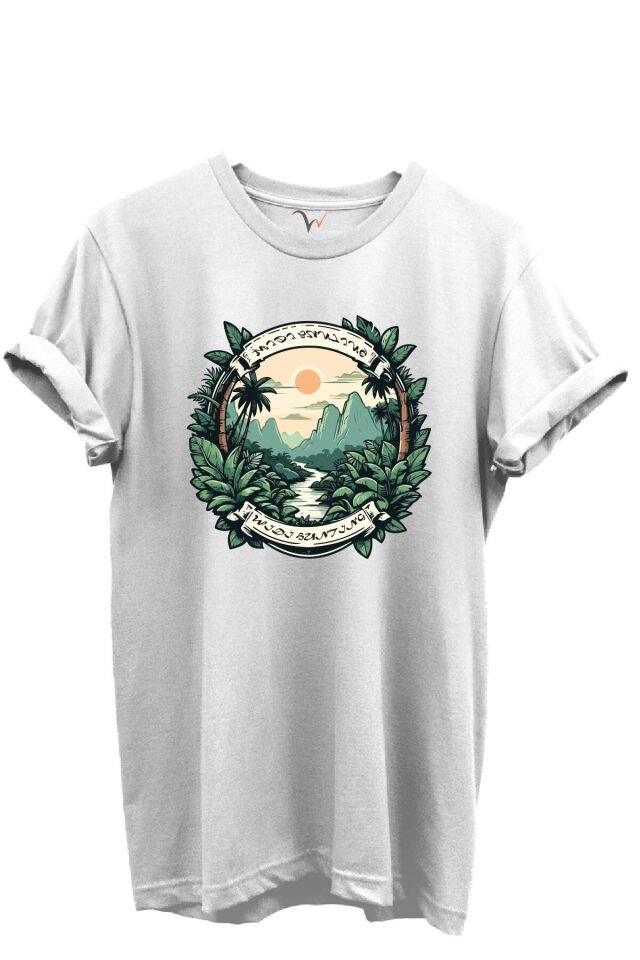 Tropikal Orman ve Dağ Manzaralı Hunting Doğa Temalı %100 Pamuk Regular Fit Unisex T-Shirt Beyaz - XL