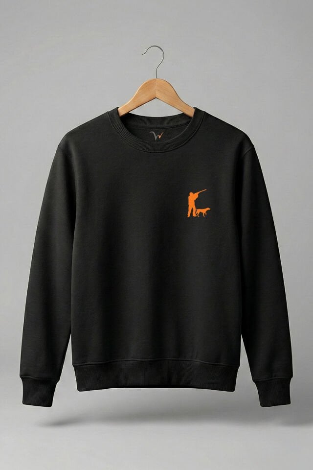 Avcılık Hunter Avcı Ve Av Köpeği Tasarım Baskılı 3 İp Şardonlu %100 Pamuk Siyah Sweatshirt