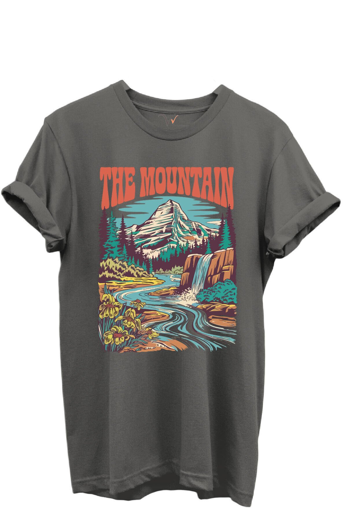 The Mountain Yazılı Dağ Manzarası ve Şelale Baskılı %100 Pamuk Regular Fit Unisex T-Shirt Gri - L