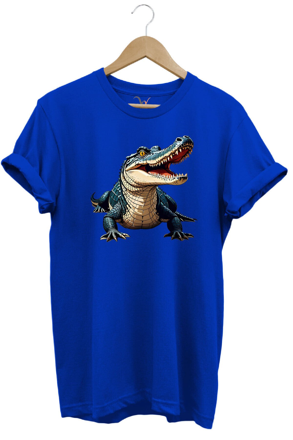 Timsah Baskılı %100 Pamuk Regular Fit T-shirt Mavi - M