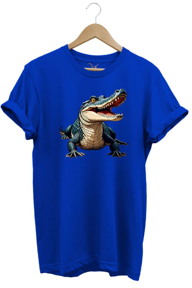 Timsah Baskılı %100 Pamuk Regular Fit T-shirt Mavi - M