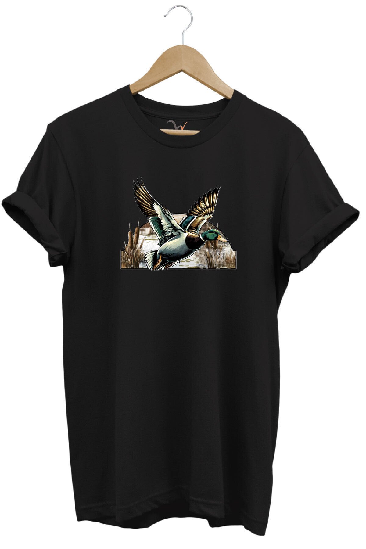 Avcılık Temalı Uçan Ördek Baskılı %100 Pamuk Unisex Regular Fit T-Shirt Siyah - S