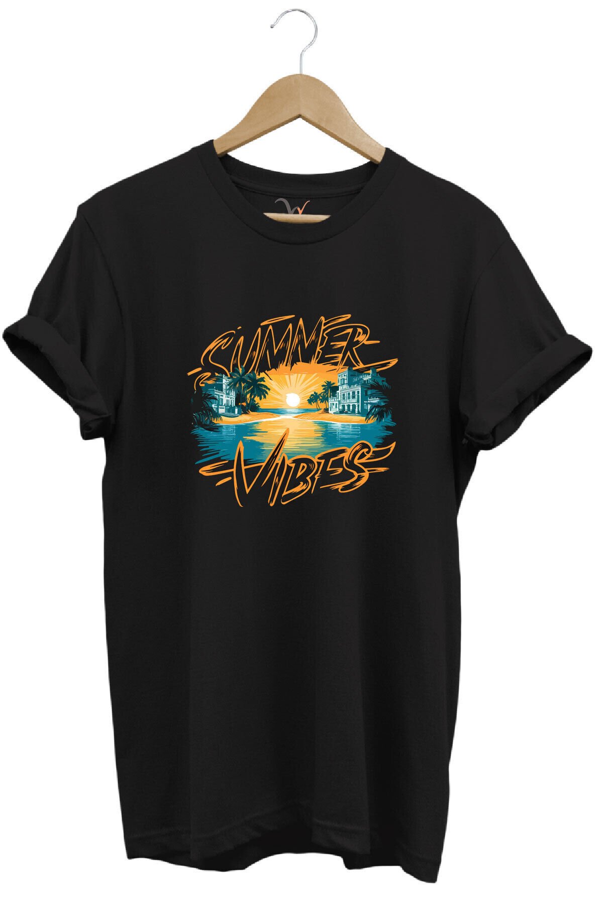 Summer Vibes Baskılı Yazlık Tatil Deniz %100 Pamuk Regular Fit Bisiklet Yaka Gri T-shirt Siyah - M