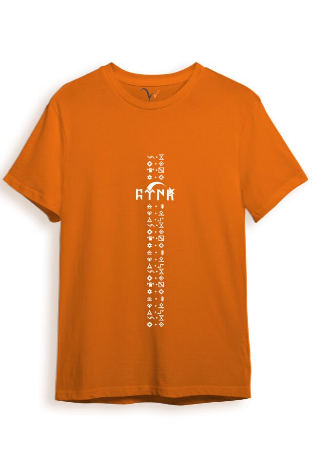 TÜRKİYE TÜRK Yazısı ve Göktürk Alfabesi Sembolleri Ay Yıldız ve Hilal Baskılı Regular Fit T-Shirt Turuncu - M