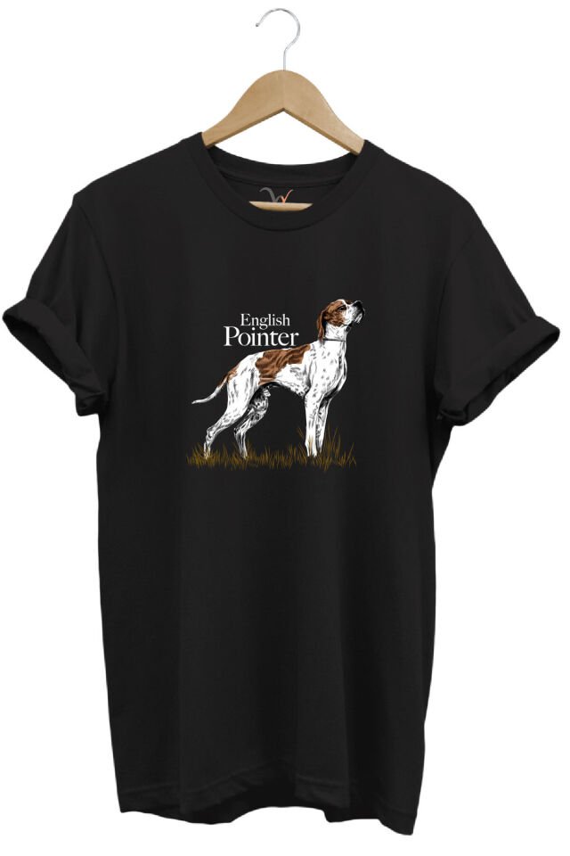 Hunting Avcılık English Pointer Av Köpeği Baskılı %100 Pamuk Regular Fit Unisex T-Shirt Siyah - XL