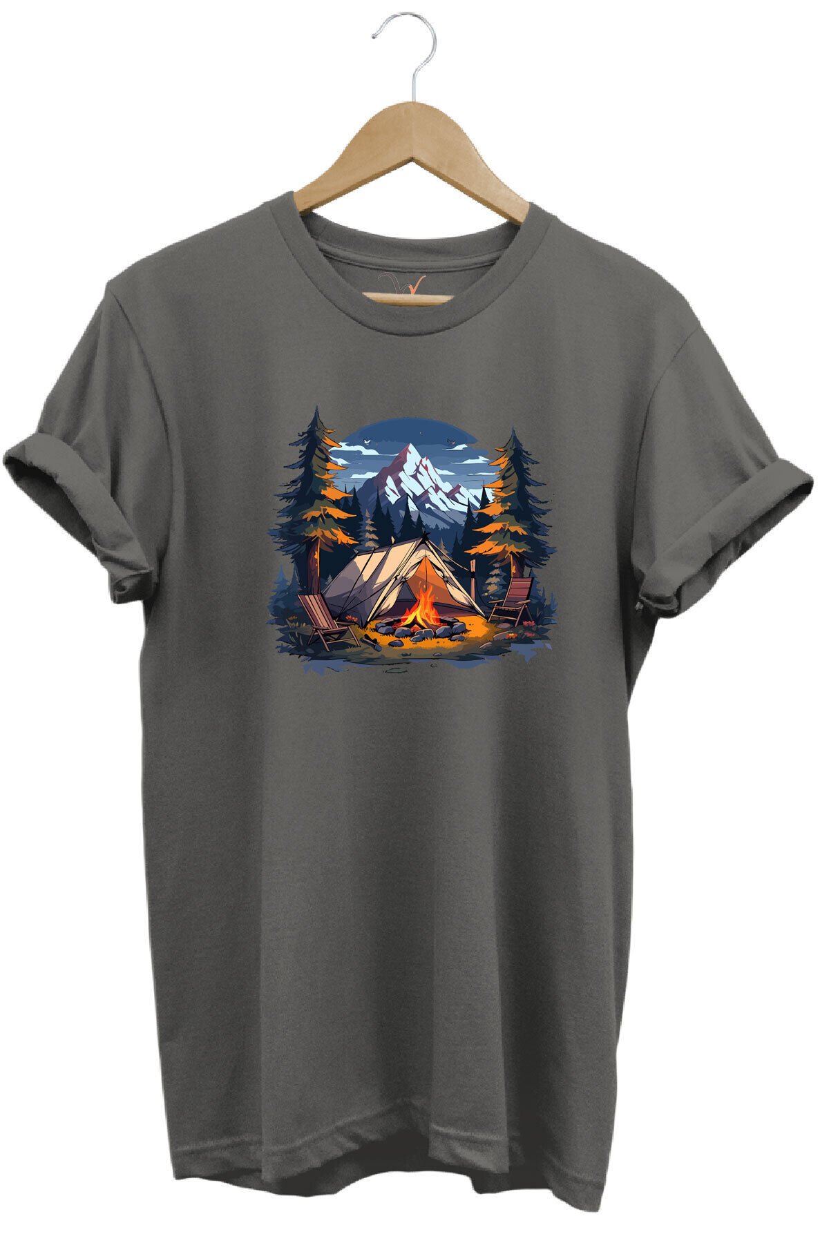 Yazlık Kamp Doğa Çadır ve Dağ Baskılı %100 Pamuk Regular Fit Bisiklet Yaka T-shirt Gri - S