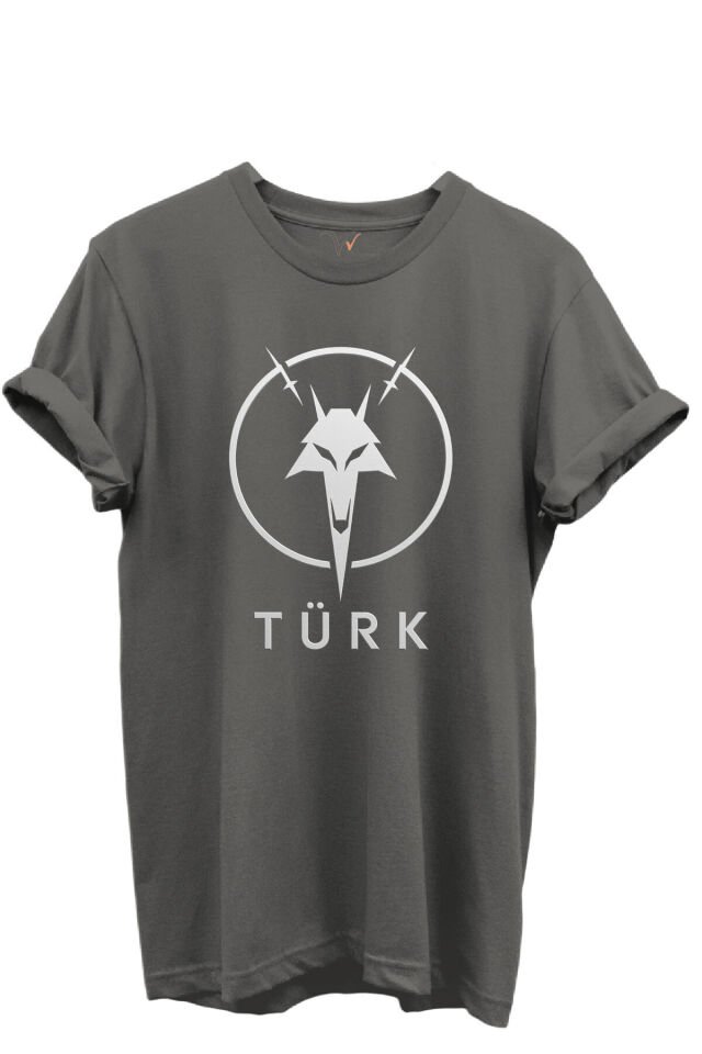 KURT ve TÜRK Özel Koleksiyon Serisi-4 Tasarım Baskılı %100 Pamuk T-shirt Antrasit Gri - L
