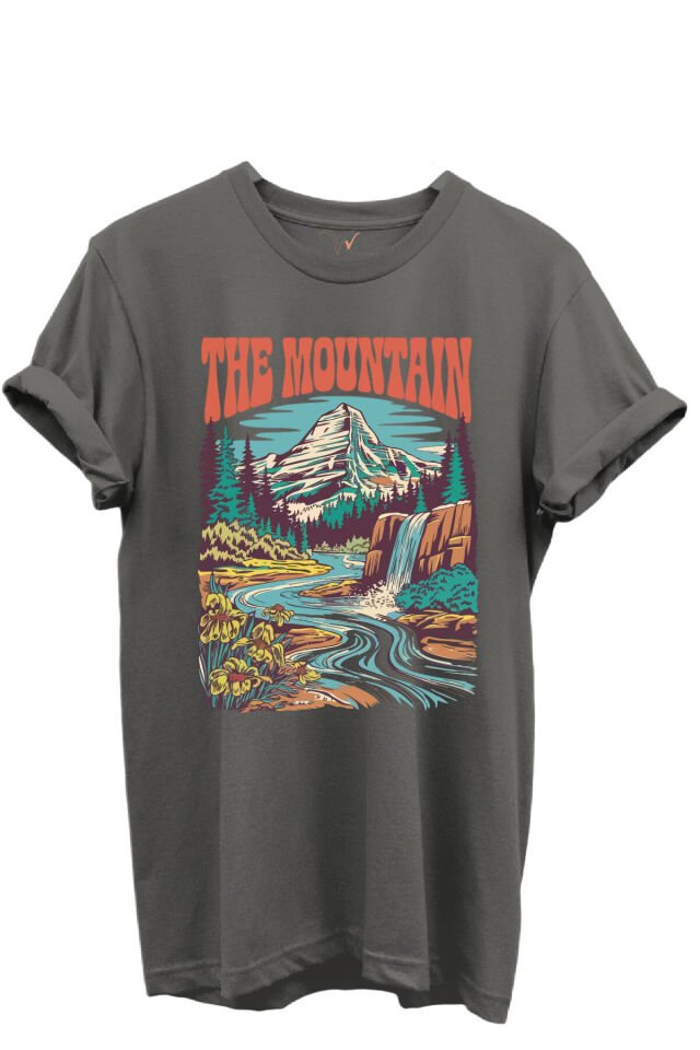 The Mountain Yazılı Dağ Manzarası ve Şelale Baskılı %100 Pamuk Regular Fit Unisex T-Shirt Gri - XL