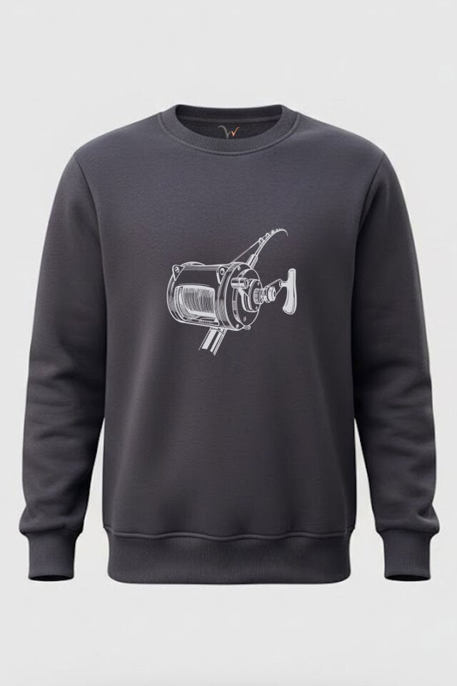 Fishing Balıkçılık Olta Tasarım Baskılı 3 İp Şardonlu %100 Pamuk Füme Sweatshirt