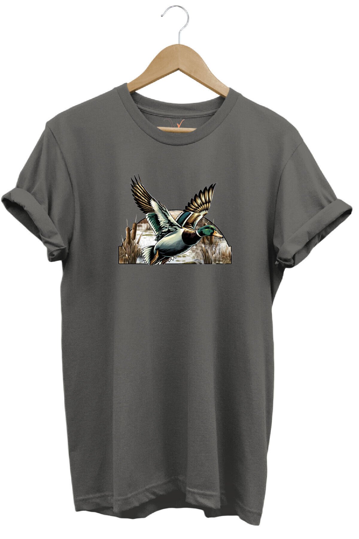 Avcılık Temalı Uçan Ördek Baskılı %100 Pamuk Unisex Regular Fit T-Shirt Gri - L