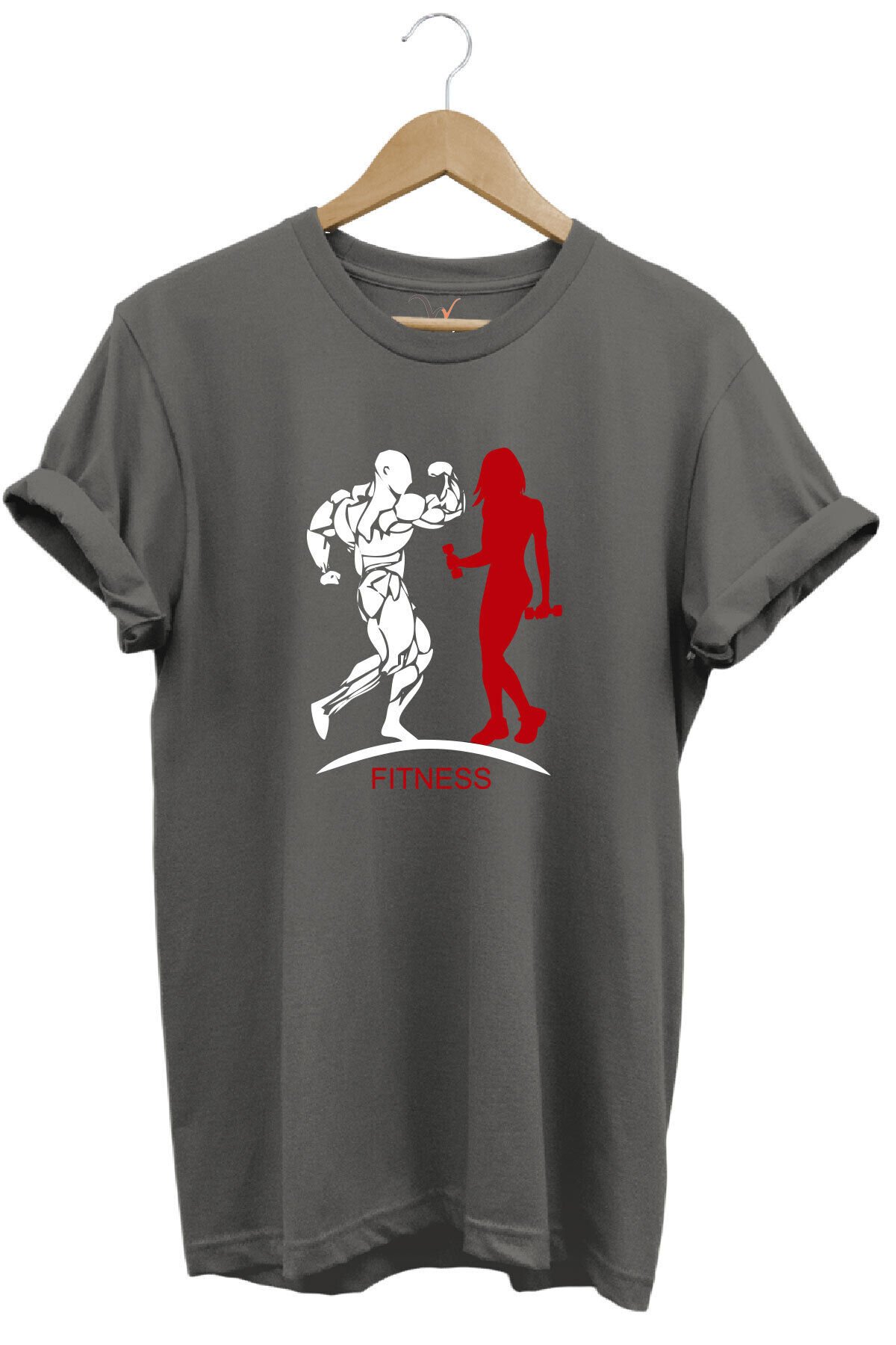 Gym Fitness Spor Yapan Kadın Ve Erkek Baskılı %100 Pamuk Regular Fit Bisiklet Yaka Gri T-shirt Gri - XL